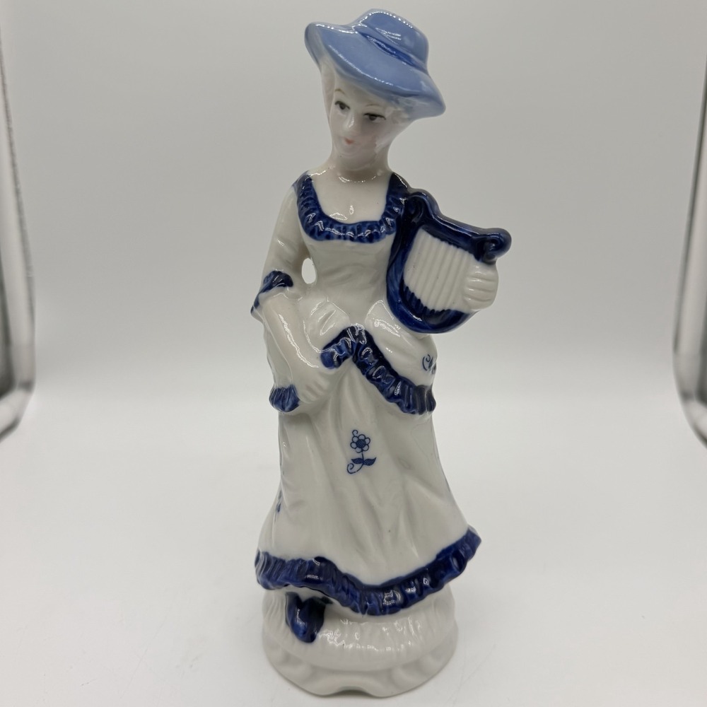 VTG Victorian Colonial Lady with Harp Musician Porcelain Figurine 8" Blue Delft